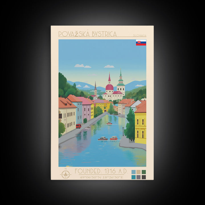 Považská Bystrica Slovakia Travel Poster Framed Canvas Print, Midcentury Modern Art, Pop Art Wall Decor, Scenic Wall Art, Living Room Decoration, Office Art