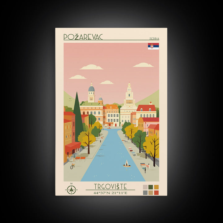 Požarevac Serbia Travel Poster Framed Canvas Print, Midcentury Modern Art, Pop Art Wall Decor, Scenic Living Room Art, Bedroom Decor