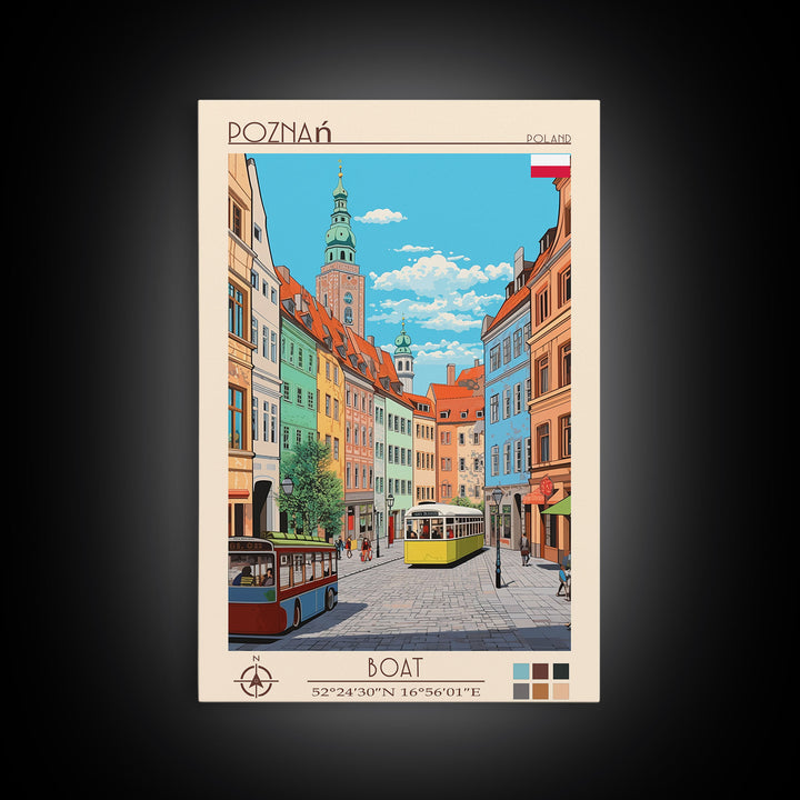 Poznań Poland Travel Poster Framed Canvas Print, Midcentury Modern Art, Pop Art Wall Decor, Scenic Bedroom Art, Office Decoration