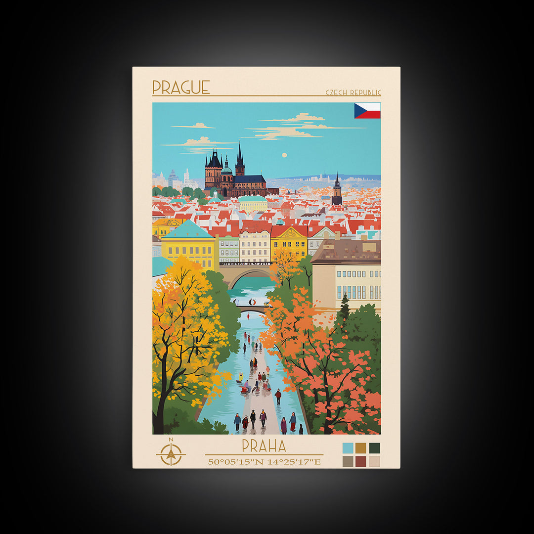 Prague Czech Republic Travel Poster Framed Canvas Print, Vintage Style, Pop Art Home Decor, Scenic Wall Art, Bedroom Decoration, Office Gift