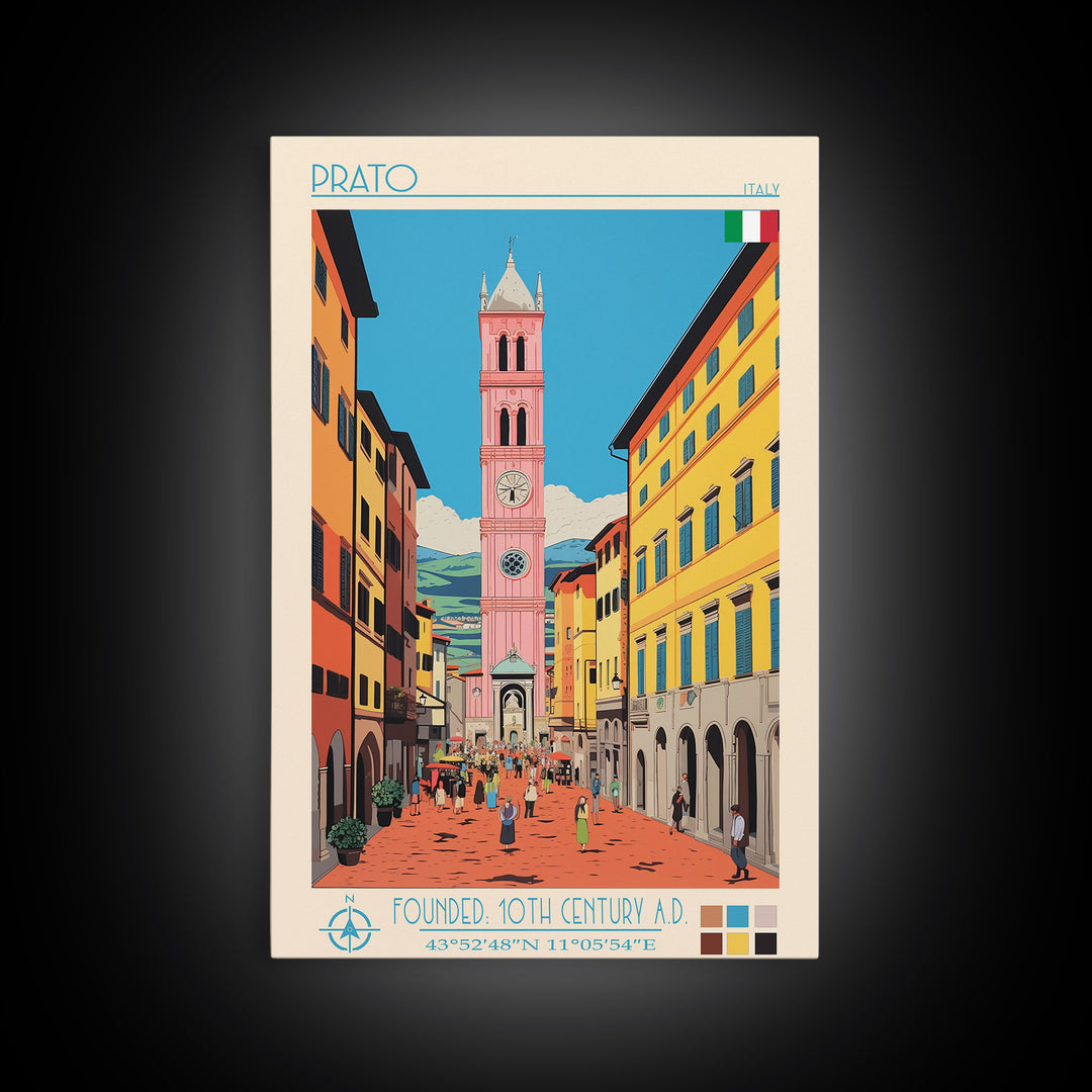 Prato Italy Travel Poster Framed Canvas Print, Midcentury Modern Art, Pop Art Wall Decor, Home Decor, Vacation Gift, Office Art