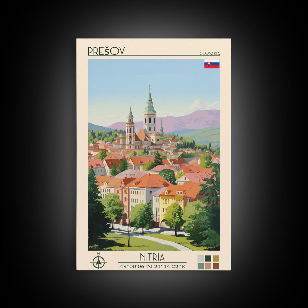 Prešov Slovakia Travel Poster Framed Canvas Print, Midcentury Modern Art, Pop Art Wall Decor, Scenic Living Room Art, Bedroom Gift