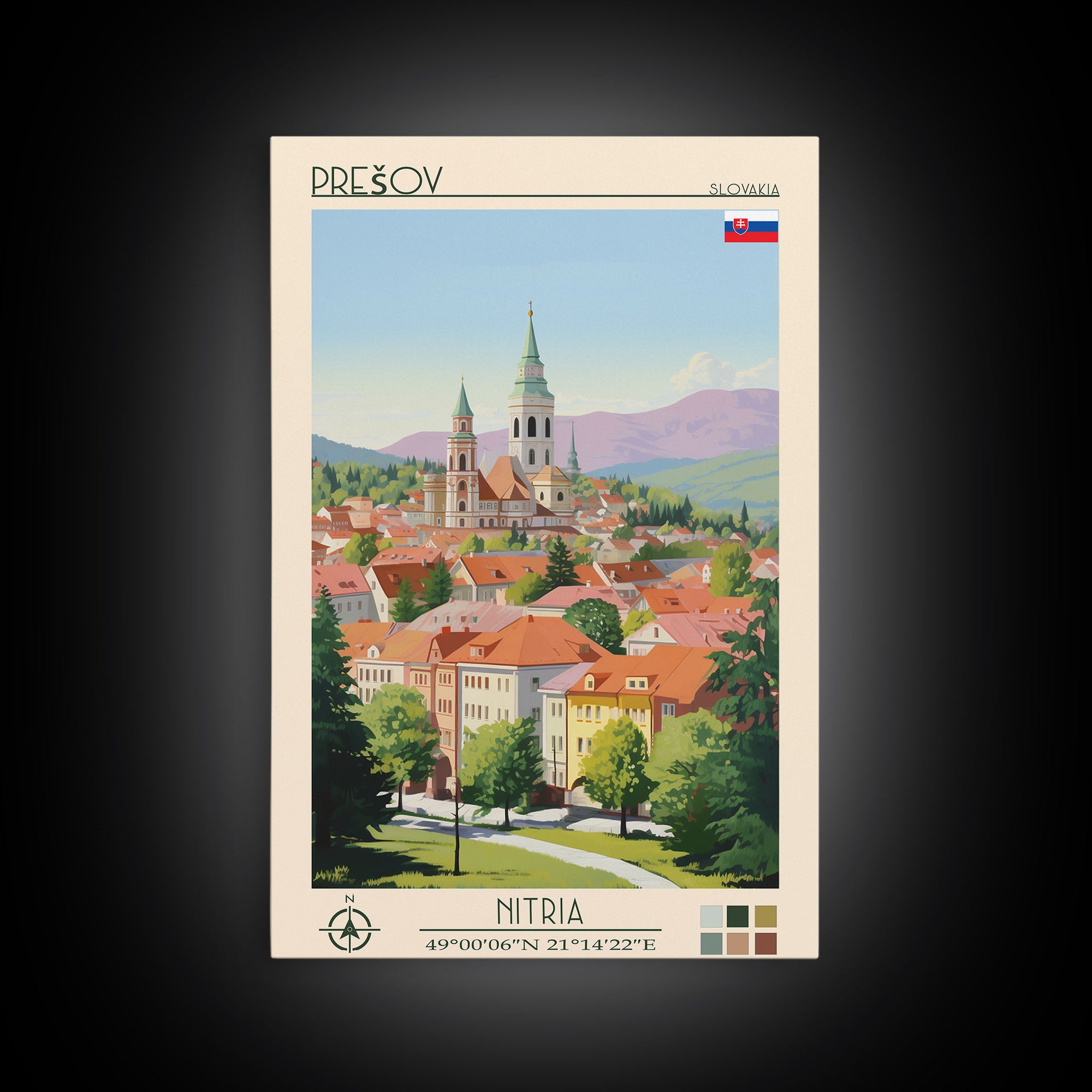 Prešov Slovakia Travel Poster Framed Canvas Print, Midcentury Modern Art, Pop Art Wall Decor, Scenic Living Room Art, Bedroom Gift
