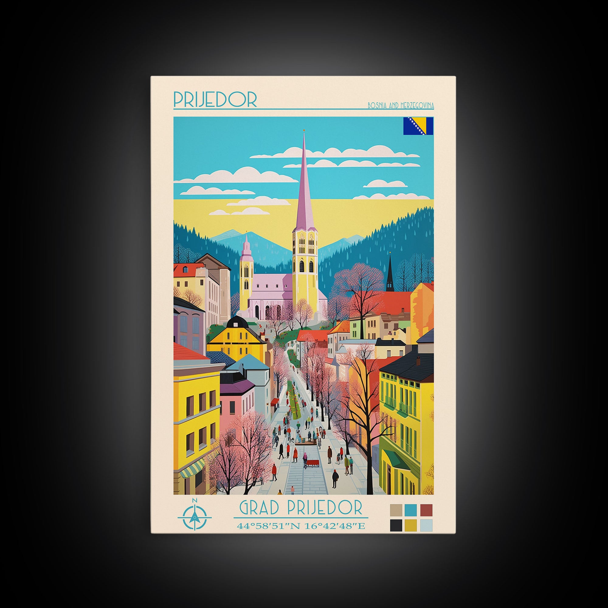 Prijedor Bosnia and Herzegovina Travel Poster Framed Canvas Print, Midcentury Modern Art, Pop Art Wall Decor, Home Decor, Vacation Gift, Bedroom Art