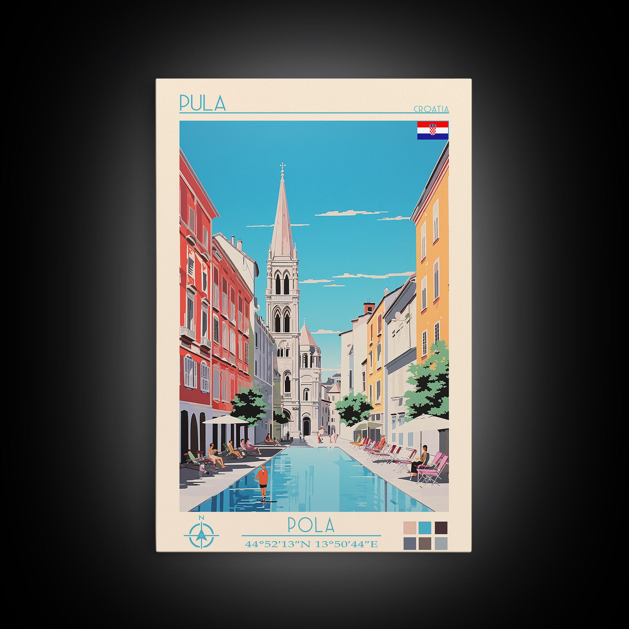 Pula Croatia Travel Poster Framed Canvas Print, Midcentury Modern Art, Pop Art Wall Decor, Scenic Wall Art, Living Room Decoration, Office Gift