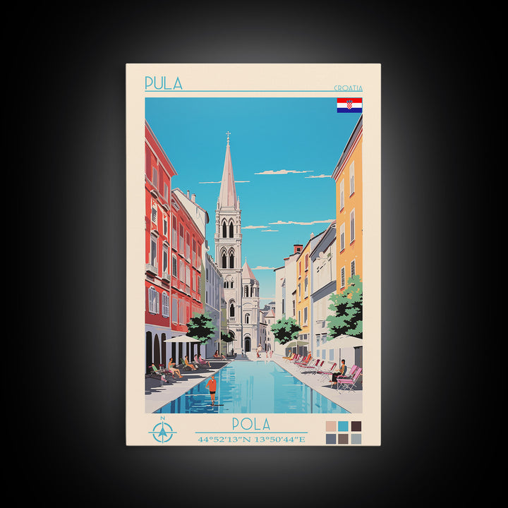 Pula Croatia Travel Poster Framed Canvas Print, Midcentury Modern Art, Pop Art Wall Decor, Scenic Wall Art, Living Room Decoration, Office Gift