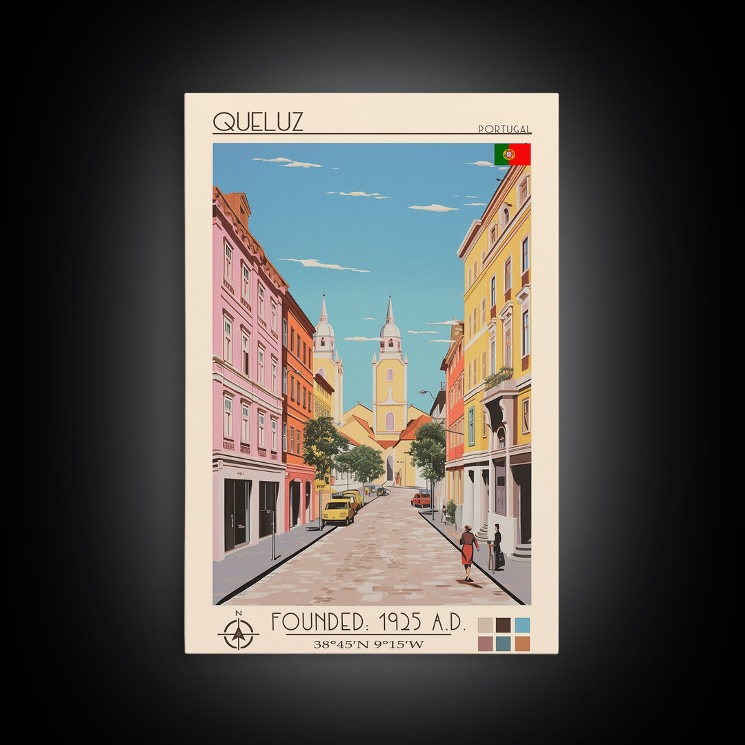Queluz Portugal Travel Poster Framed Canvas Print, Midcentury Modern Art, Pop Art Wall Decor, Scenic Bedroom Art, Office Decoration