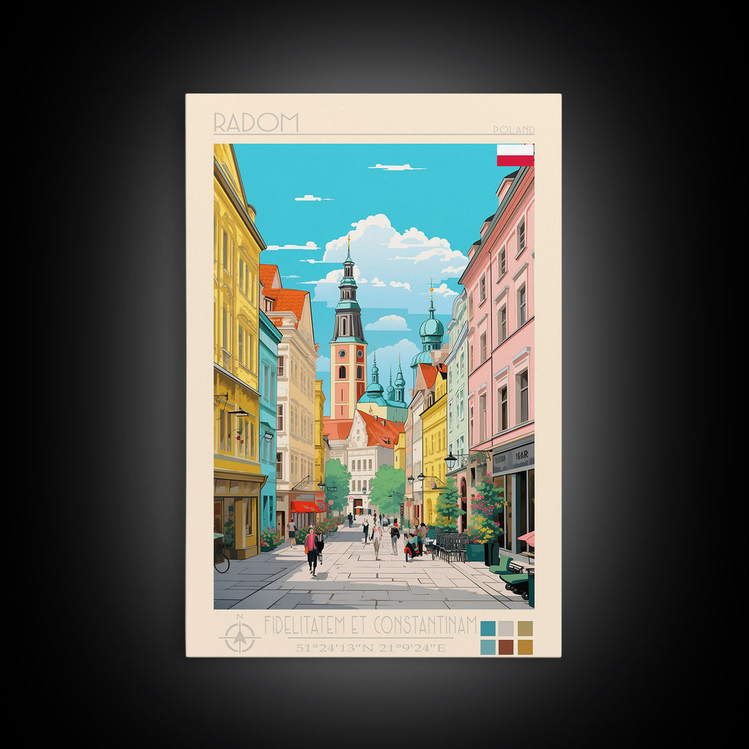 Radom Poland Travel Poster Framed Canvas Print, Midcentury Modern Art, Pop Art Wall Decor, Scenic Living Room Art, Bedroom Decor