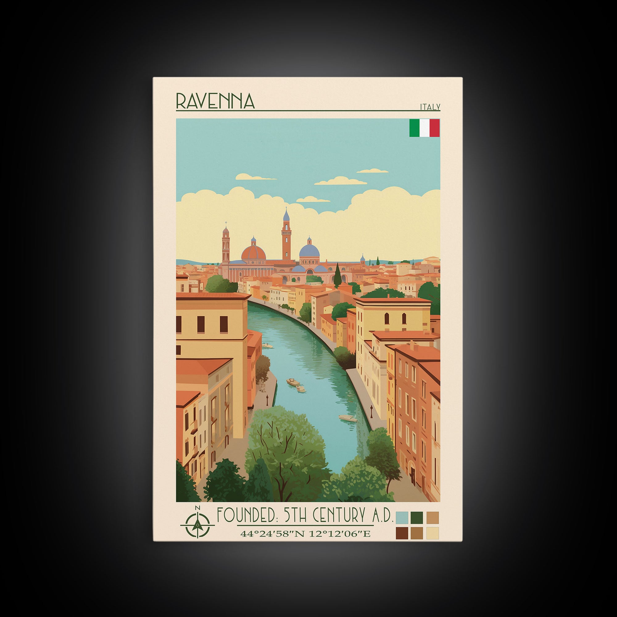 Ravenna Italy Travel Poster Framed Canvas Print, Midcentury Modern Art, Pop Art Wall Decor, Home Decor, Vacation Gift, Office Art