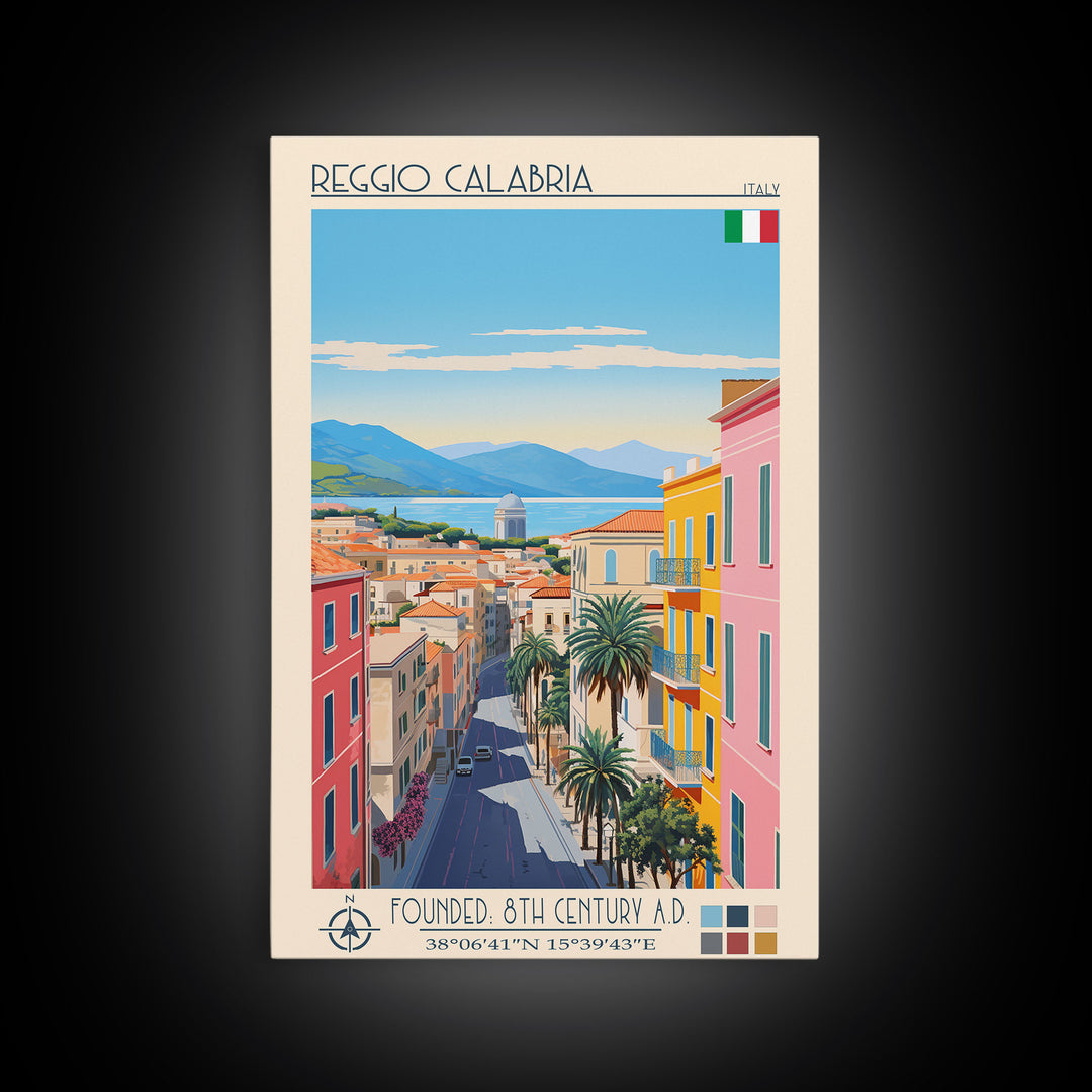 Reggio Calabria Italy Travel Poster Framed Canvas Print, Midcentury Modern Art, Pop Art Wall Decor, Scenic Living Room Art, Bedroom Gift