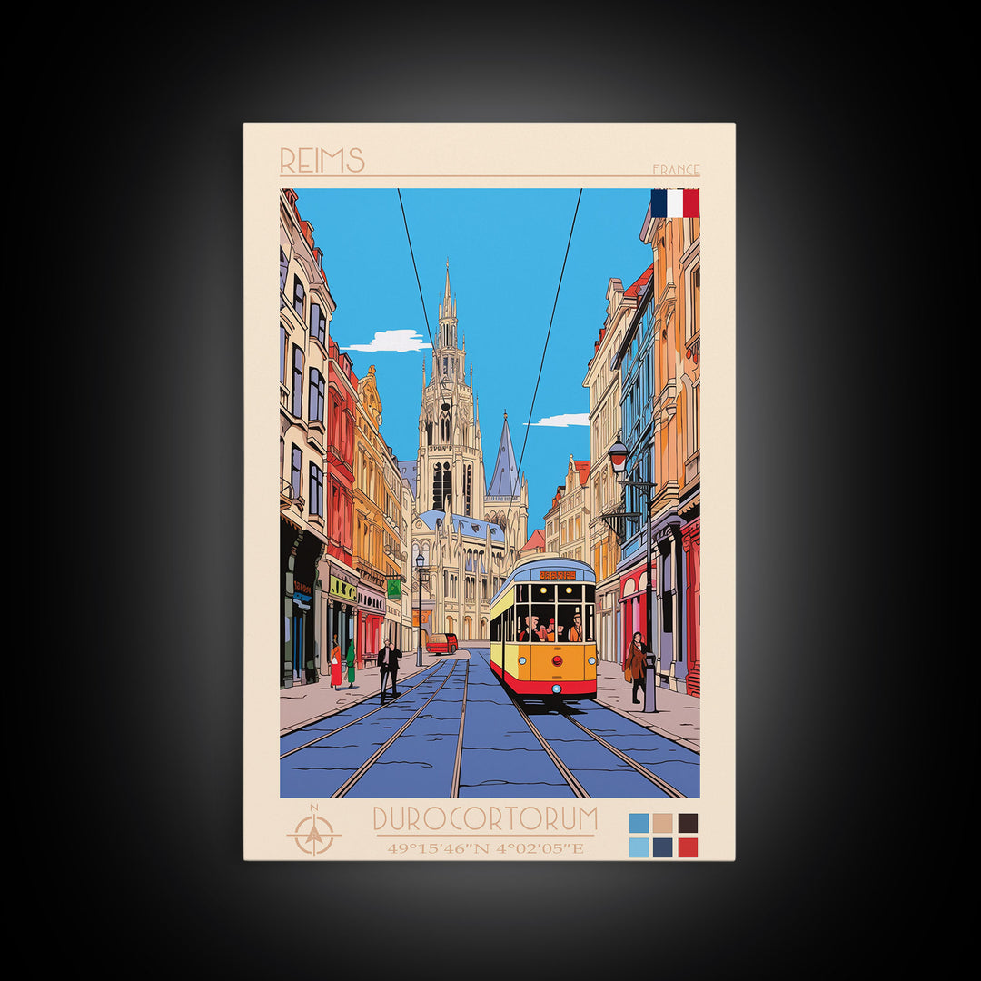 Reims France Travel Poster Framed Canvas Print, Midcentury Modern Art, Pop Art Wall Decor, Home Decor, Vacation Gift, Bedroom Art