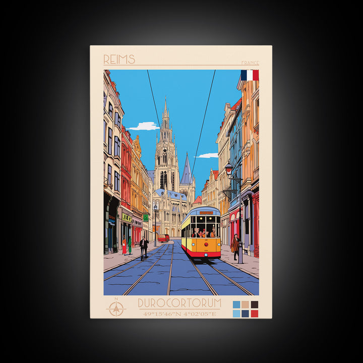 Reims France Travel Poster Framed Canvas Print, Midcentury Modern Art, Pop Art Wall Decor, Home Decor, Vacation Gift, Bedroom Art