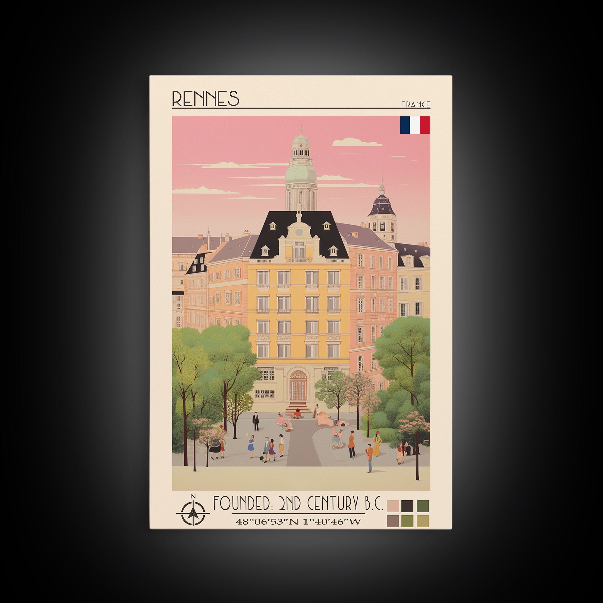 Rennes France Travel Poster Framed Canvas Print, Midcentury Modern Art, Pop Art Wall Decor, Scenic Wall Art, Living Room Decoration, Office Gift