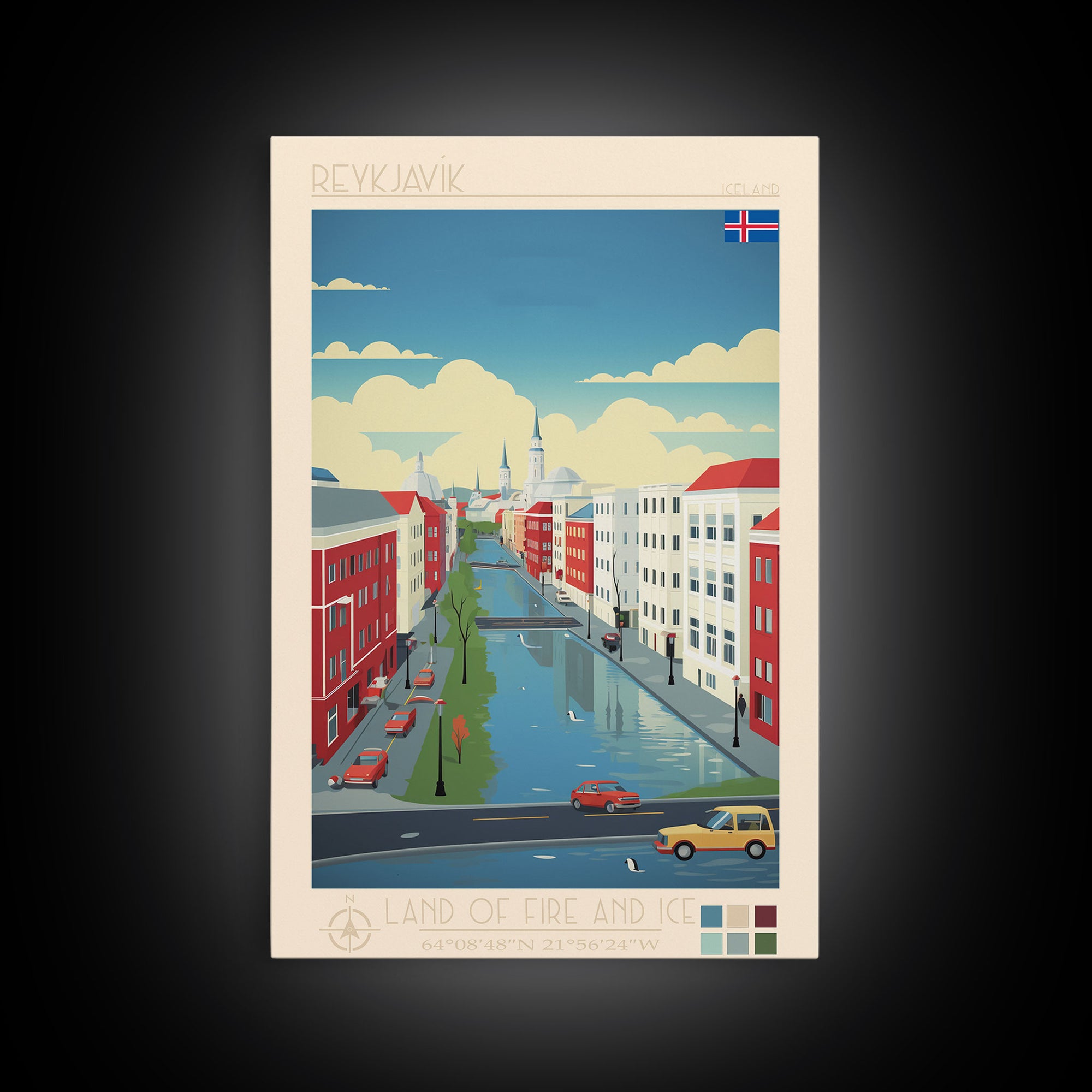 Reykjavik Iceland Travel Poster Framed Canvas Print, Midcentury Modern Art, Pop Art Wall Decor, Scenic Wall Art, Bedroom Decoration