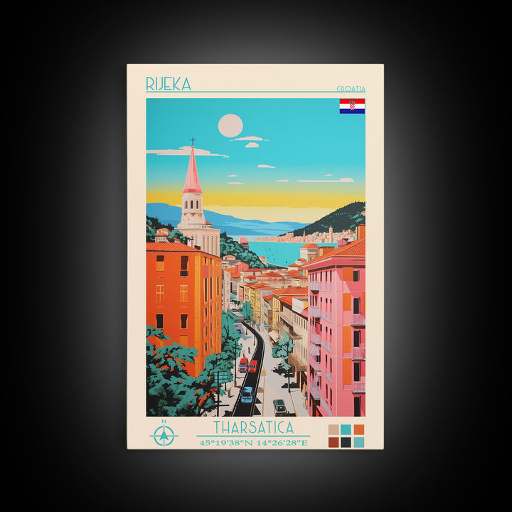 Rijeka Croatia Travel Poster Framed Canvas Print, Midcentury Modern Art, Pop Art Wall Decor, Scenic Wall Art, Living Room Decoration, Office Art