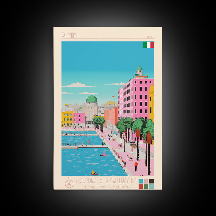Rimini Italy Travel Poster Framed Canvas Print, Midcentury Modern Art, Pop Art Wall Decor, Scenic Bedroom Art, Office Decoration