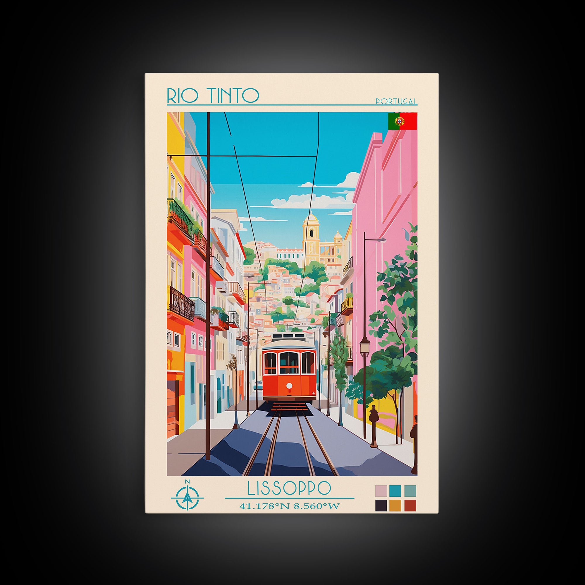 Rio Tinto Portugal Travel Poster Framed Canvas Print, Midcentury Modern Art, Pop Art Wall Decor, Scenic Living Room Art, Bedroom Decor