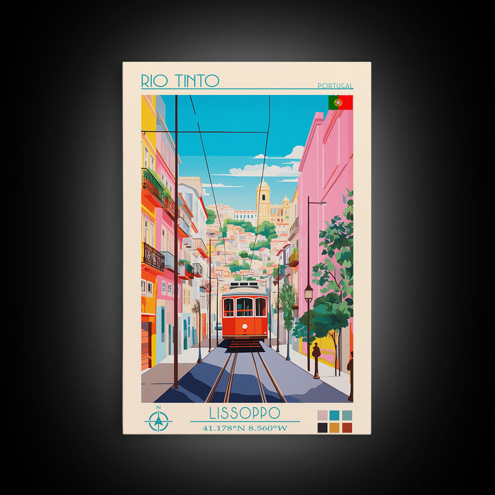 Rio Tinto Portugal Travel Poster Framed Canvas Print, Midcentury Modern Art, Pop Art Wall Decor, Scenic Living Room Art, Bedroom Decor