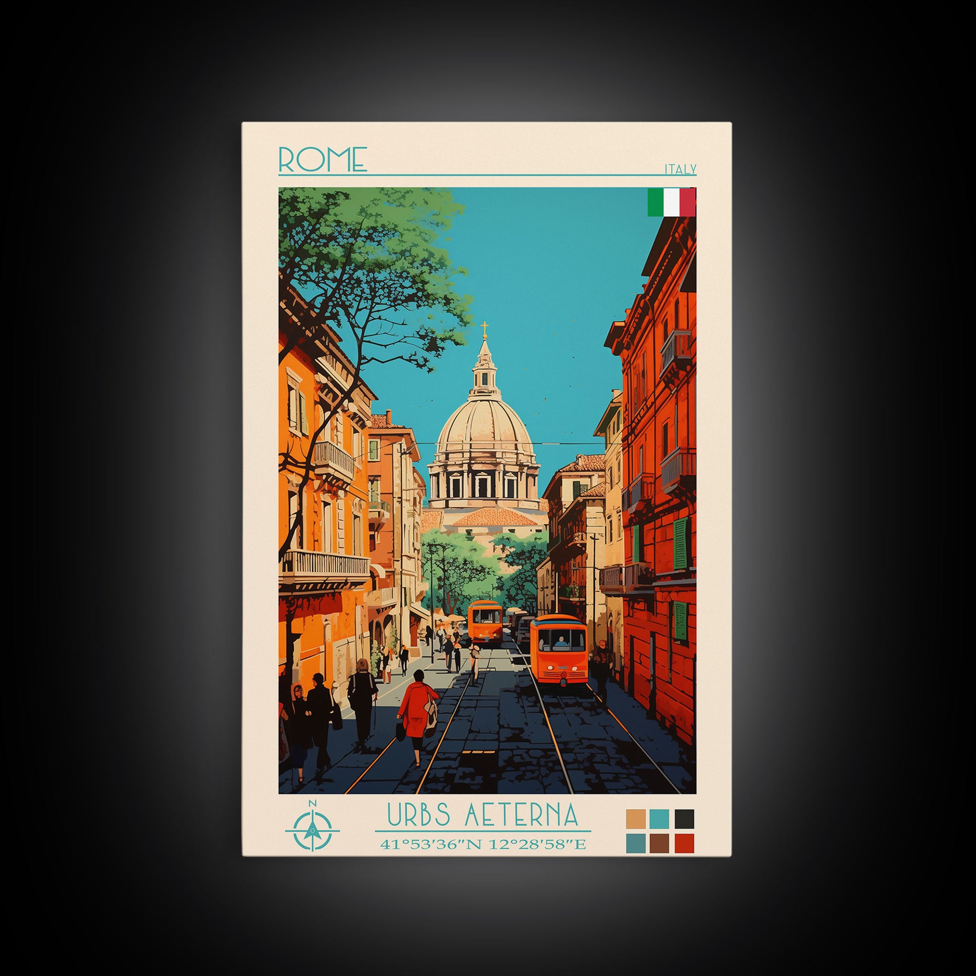 Rome Italy Travel Poster Framed Canvas Print, Midcentury Modern Art, Pop Art Wall Decor, Home Decor, Vacation Gift, Office Art