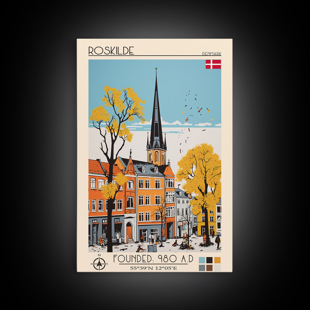 Roskilde Denmark Travel Poster Framed Canvas Print, Midcentury Modern Art, Pop Art Wall Decor, Scenic Living Room Art, Bedroom Gift