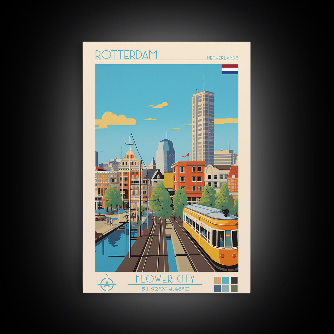 Rotterdam Netherlands Travel Poster Framed Canvas Print, Midcentury Modern Art, Pop Art Wall Decor, Home Decor, Vacation Gift, Bedroom Art