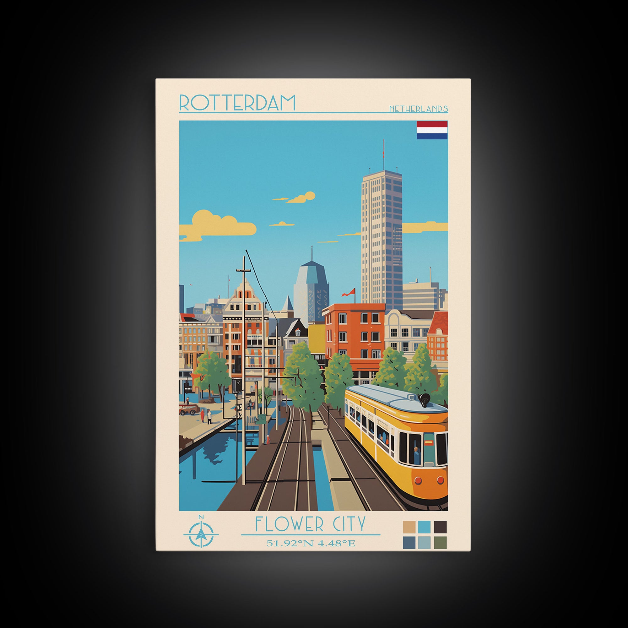 Rotterdam Netherlands Travel Poster Framed Canvas Print, Midcentury Modern Art, Pop Art Wall Decor, Home Decor, Vacation Gift, Bedroom Art