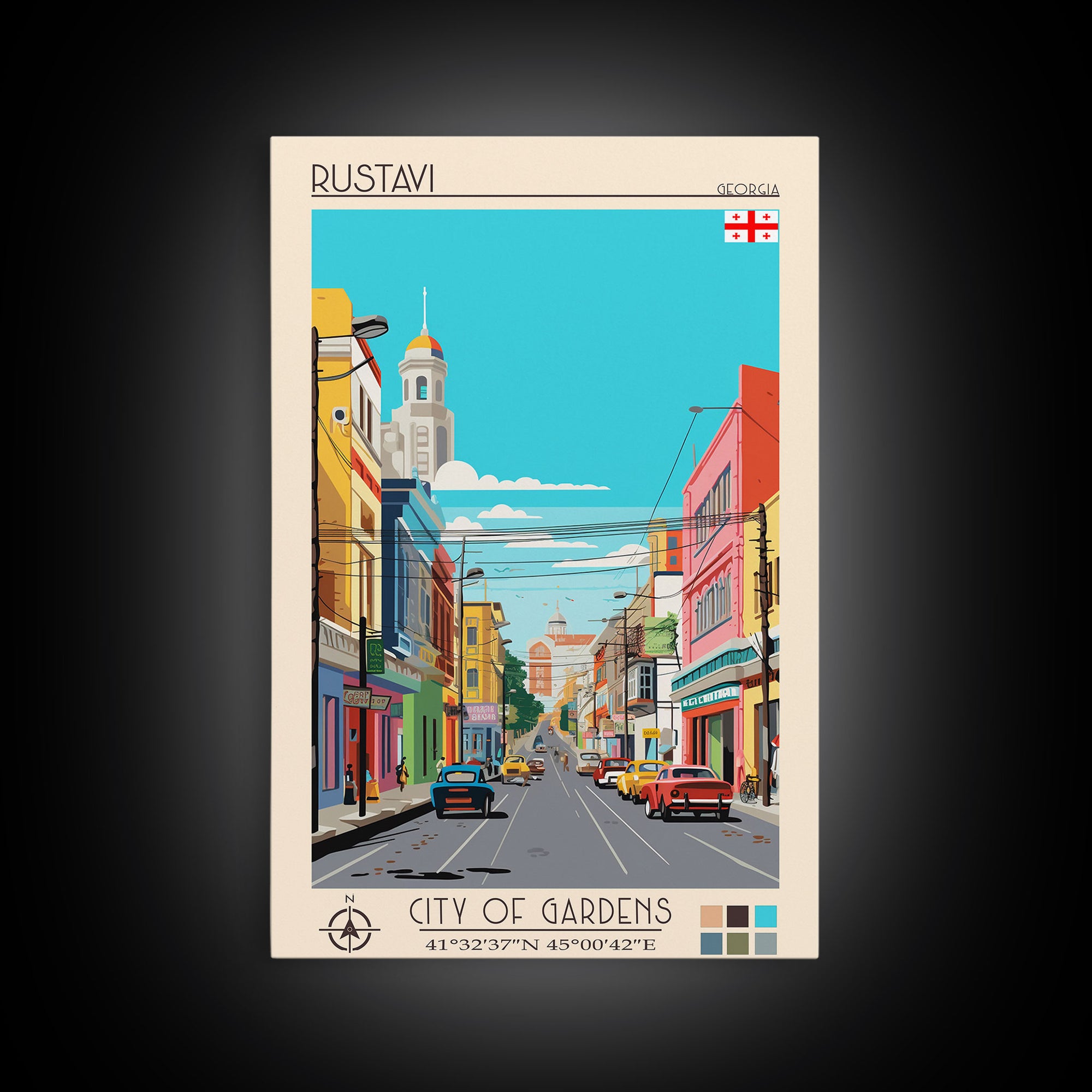 Rustavi Georgia Travel Poster Framed Canvas Print, Midcentury Modern Art, Pop Art Wall Decor, Scenic Wall Art, Bedroom Decoration
