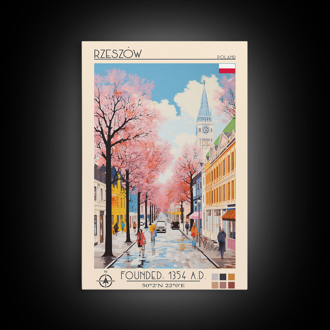 Rzeszów Poland Travel Poster Framed Canvas Print, Midcentury Modern Art, Pop Art Wall Decor, Living Room Art, Bedroom Decoration