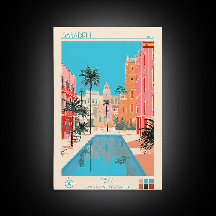 Sabadell Spain Travel Poster Framed Canvas Print, Midcentury Modern Art, Pop Art Wall Decor, Home Decor, Vacation Gift, Office Art