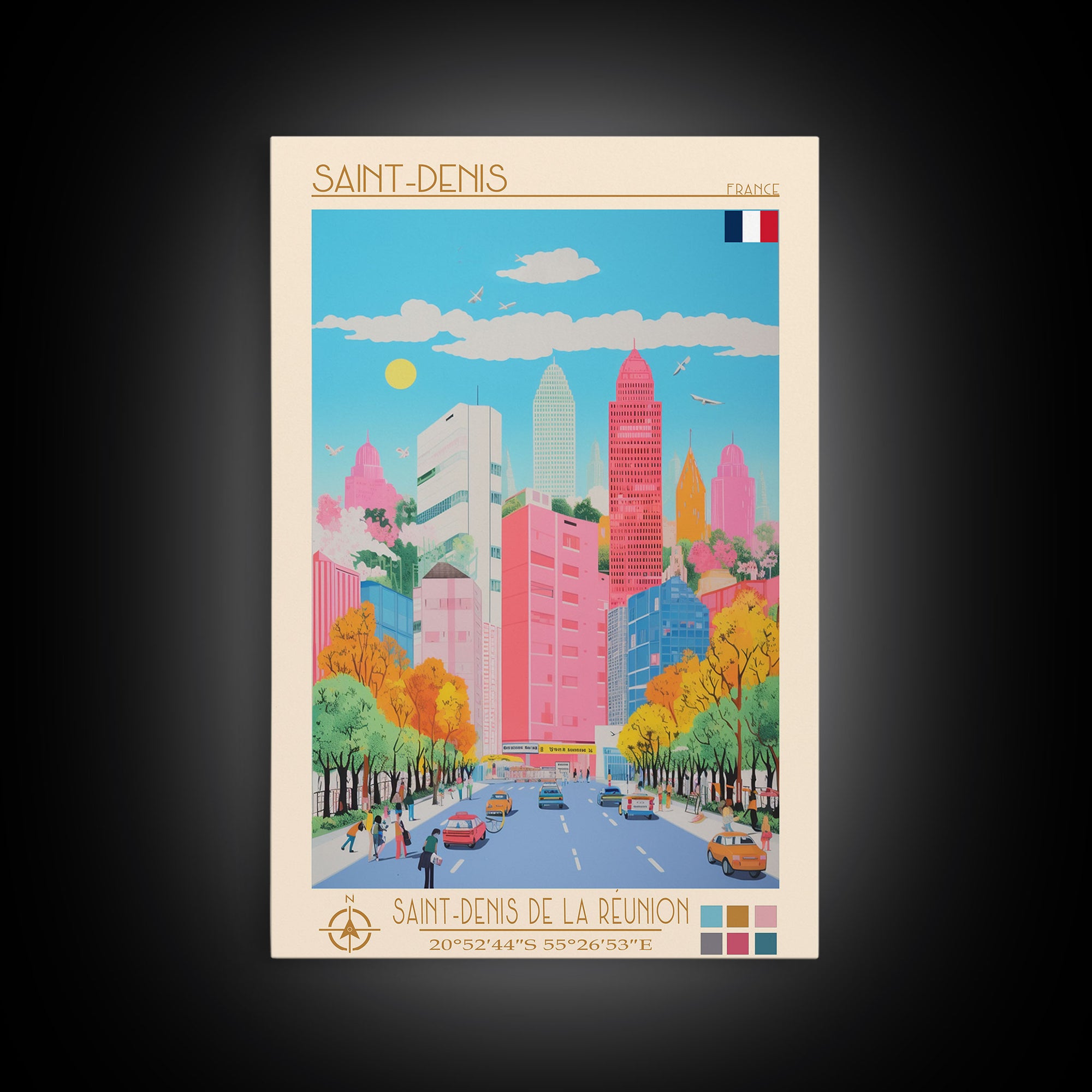 Saint-Denis France Travel Poster Framed Canvas Print, Midcentury Modern Art, Pop Art Wall Decor, Scenic Wall Art, Bedroom Decor