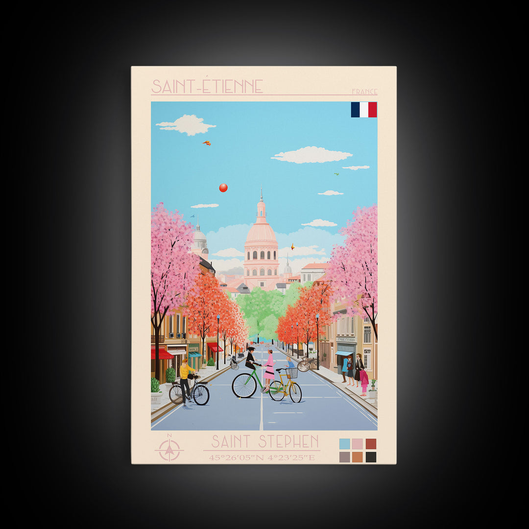 Saint-Étienne France Travel Poster Framed Canvas Print, Midcentury Modern Art, Pop Art Wall Decor, Living Room Art, Vacation Gift
