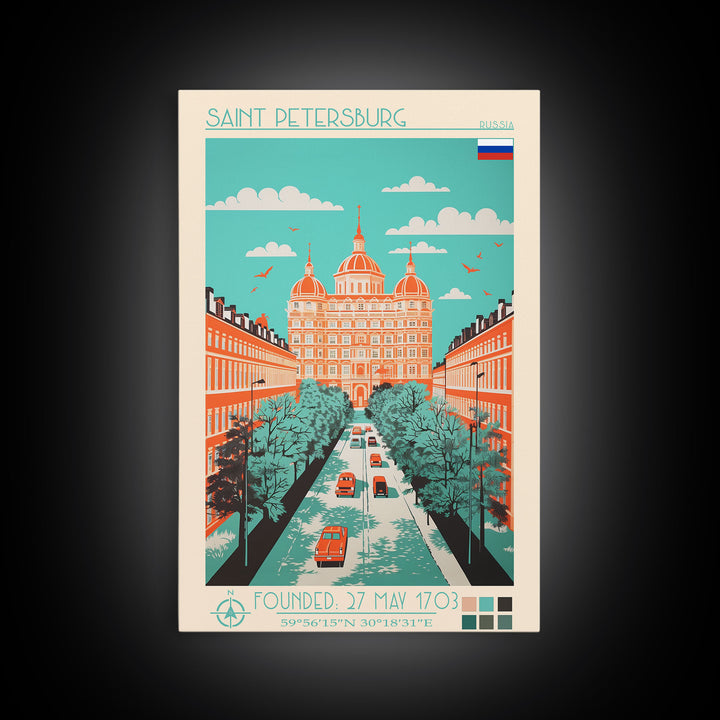 Saint Petersburg Russia Travel Poster Framed Canvas Print, Midcentury Modern Art, Pop Art Wall Decor, Home Decor, Office Decoration