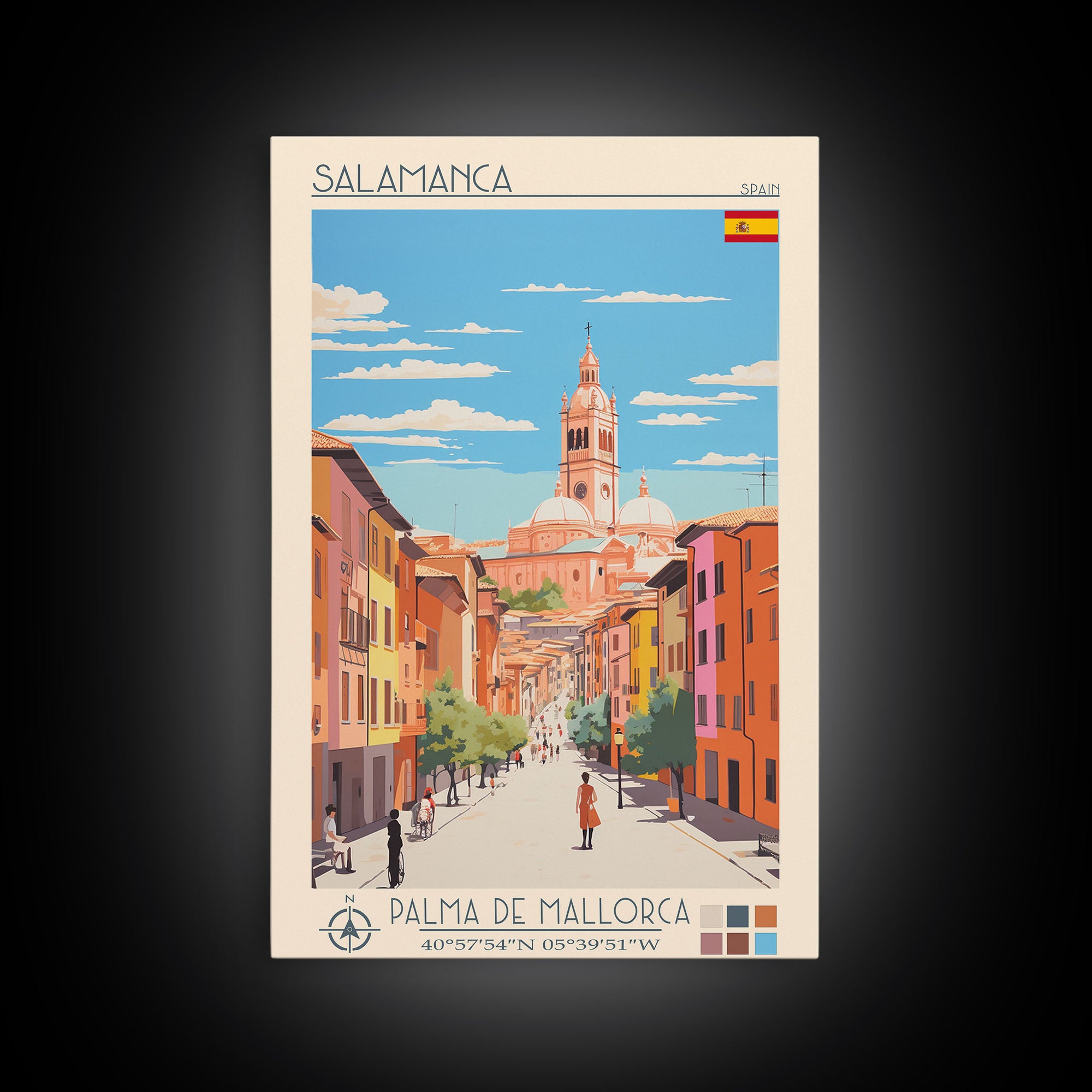 Salamanca Spain Travel Poster Framed Canvas Print, Midcentury Modern Art, Pop Art Wall Decor, Scenic Wall Art, Bedroom Decoration