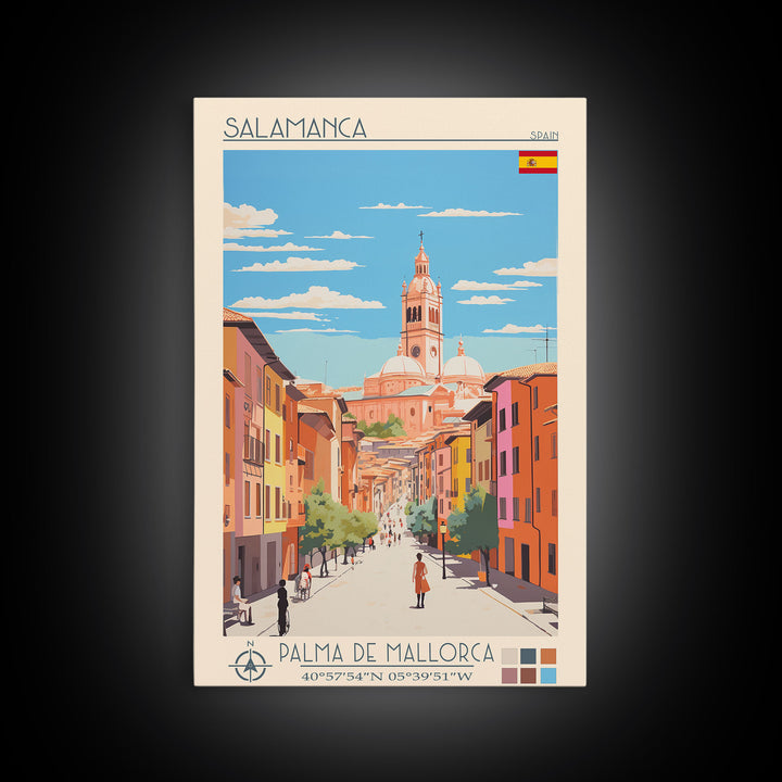 Salamanca Spain Travel Poster Framed Canvas Print, Midcentury Modern Art, Pop Art Wall Decor, Scenic Wall Art, Bedroom Decoration