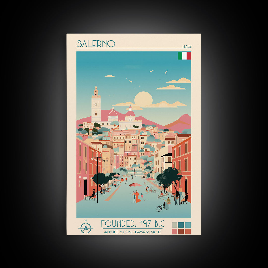 Salerno Italy Travel Poster Framed Canvas Print, Midcentury Modern Art, Pop Art Wall Decor, Home Decor, Office Gift, Living Room Art