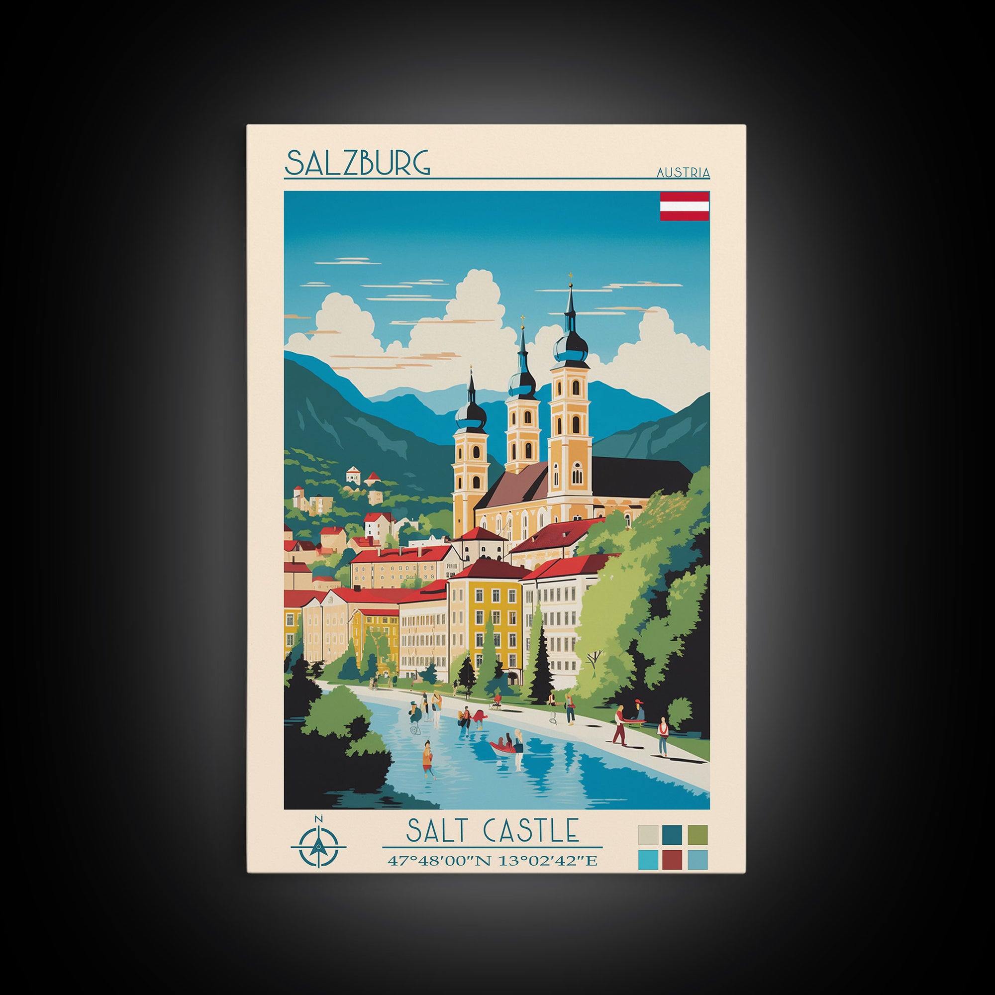 Salzburg Austria Travel Poster Framed Canvas Print, Midcentury Modern Art, Pop Art Wall Decor, Scenic Wall Art, Bedroom Art