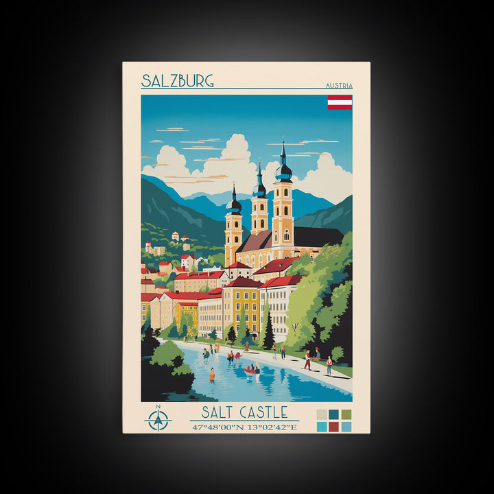 Salzburg Austria Travel Poster Framed Canvas Print, Midcentury Modern Art, Pop Art Wall Decor, Scenic Wall Art, Bedroom Art