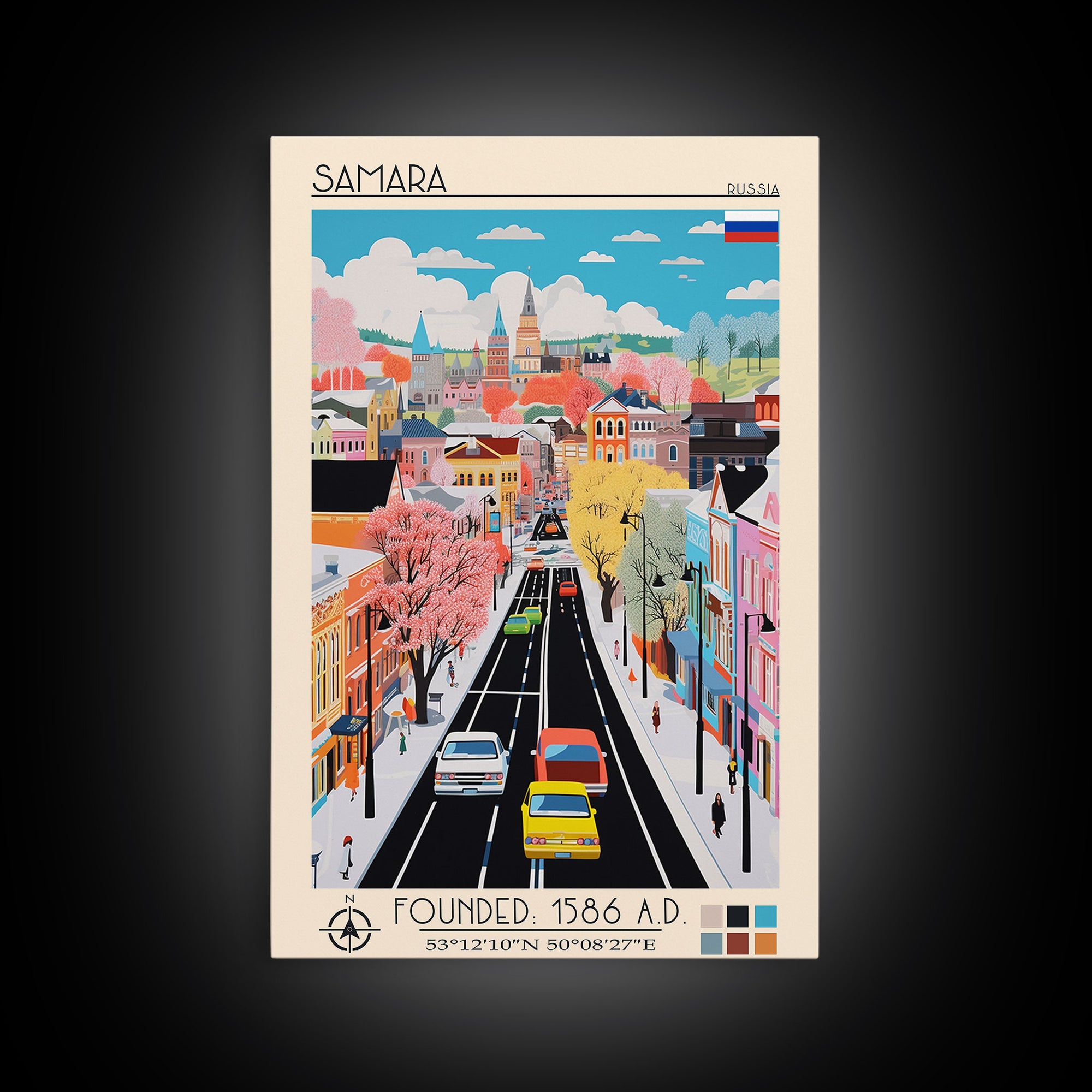 Samara Russia Travel Poster Framed Canvas Print, Midcentury Modern Art, Pop Art Wall Decor, Home Decor, Office Decoration, Scenic Art