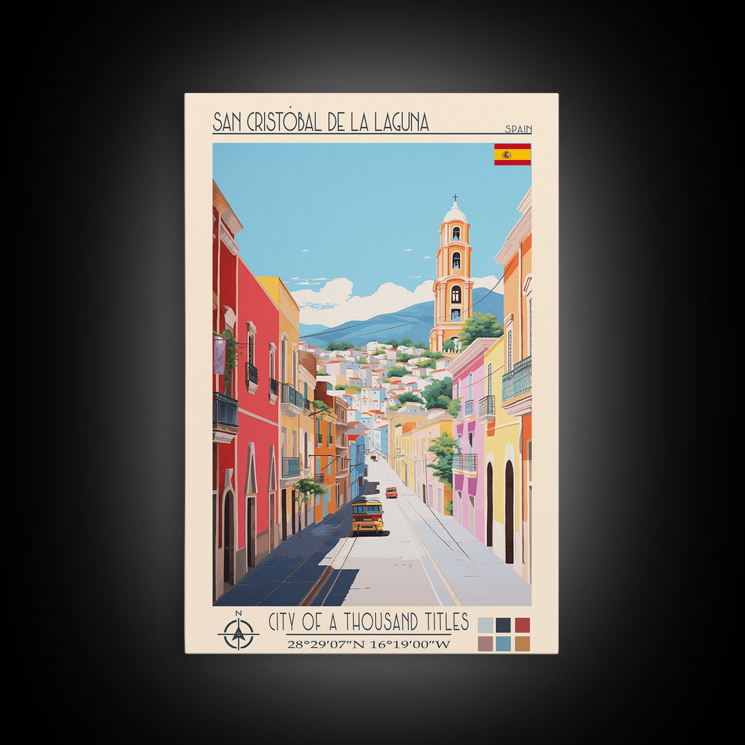 San Cristóbal de La Laguna Spain Travel Poster Framed Canvas Print, Midcentury Modern Art, Pop Art Wall Decor, Bedroom Decor, Scenic Art