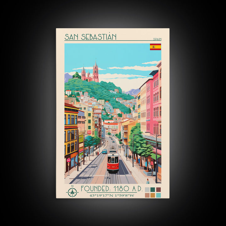 San Sebastian Spain Travel Poster Framed Canvas Print, Midcentury Modern Art, Pop Art Wall Decor, Home Decor, Office Art