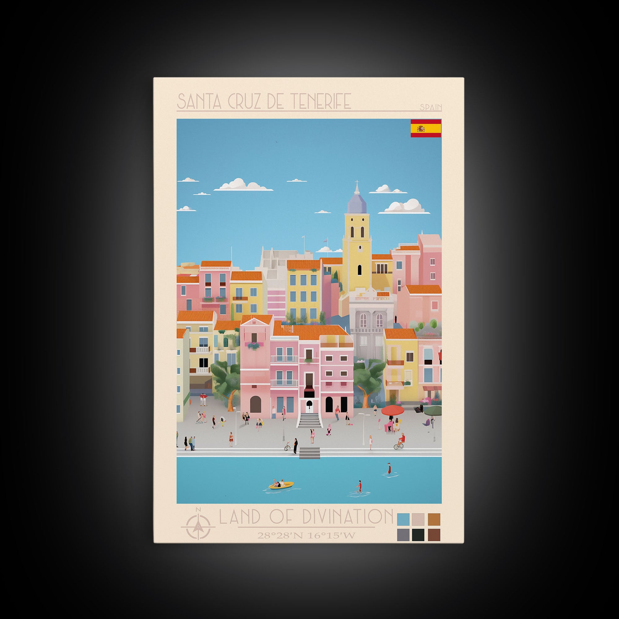 Santa Cruz de Tenerife Spain Travel Poster Framed Canvas Print, Midcentury Modern Art, Pop Art Wall Decor, Living Room Art, Bedroom Decoration