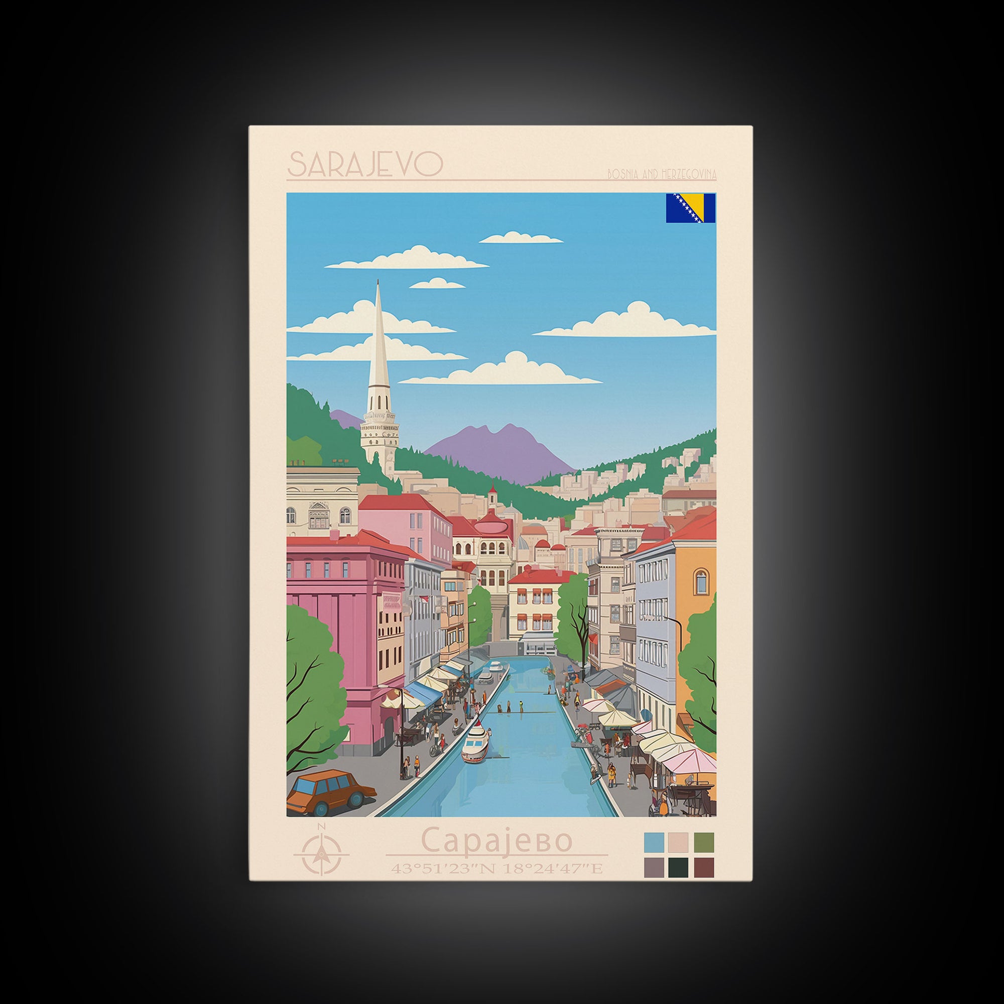 Sarajevo Bosnia and Herzegovina Travel Poster Framed Canvas Print, Midcentury Modern Art, Pop Art Wall Decor, Home Decor, Office Decoration