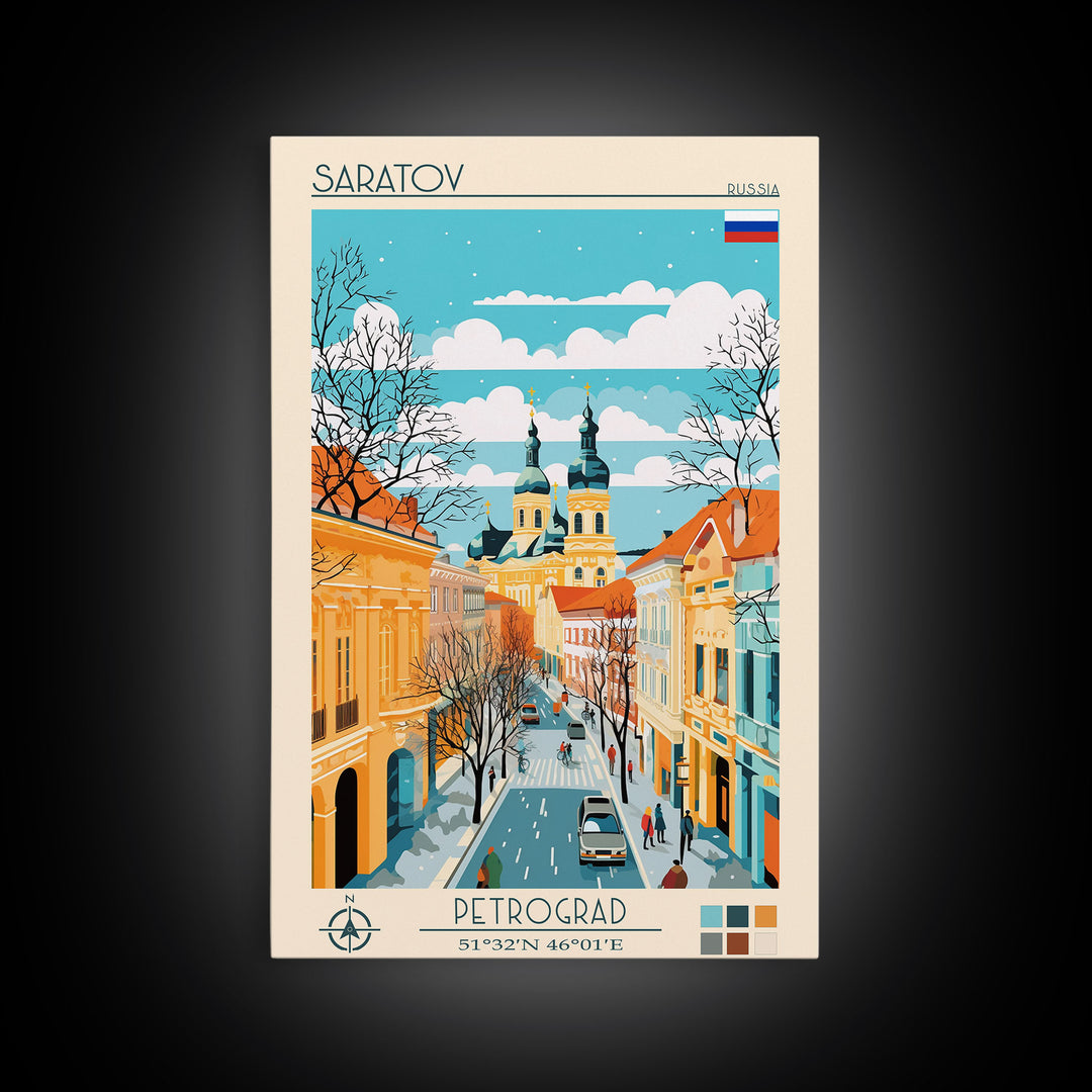 Saratov Russia Travel Poster Framed Canvas Print, Midcentury Modern Art, Pop Art Wall Decor, Home Decor, Vacation Gift