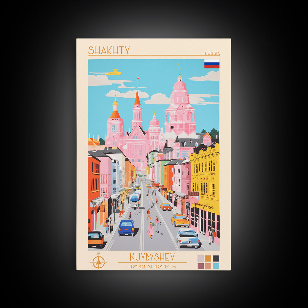 Shakhty Russia Travel Poster Framed Canvas Print, Midcentury Modern Art, Pop Art Wall Decor, Living Room Art, Bedroom Decoration