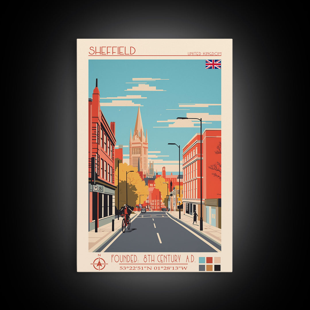 Sheffield United Kingdom Travel Poster Framed Canvas Print, Midcentury Modern Art, Pop Art Wall Decor, Home Decor, Vacation Gift, Office Art
