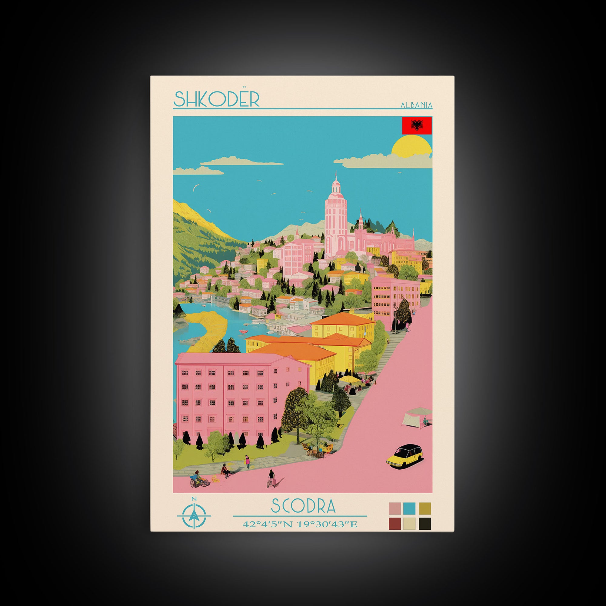 Shkodër Albania Travel Poster Framed Canvas Print, Midcentury Modern Art, Pop Art Wall Decor, Scenic Wall Art, Bedroom Decoration