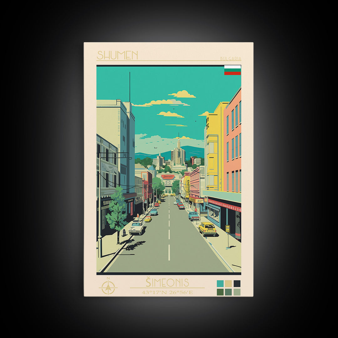 Shumen Bulgaria Travel Poster Framed Canvas Print, Midcentury Modern Art, Pop Art Wall Decor, Home Decor, Office Decoration, Scenic Art