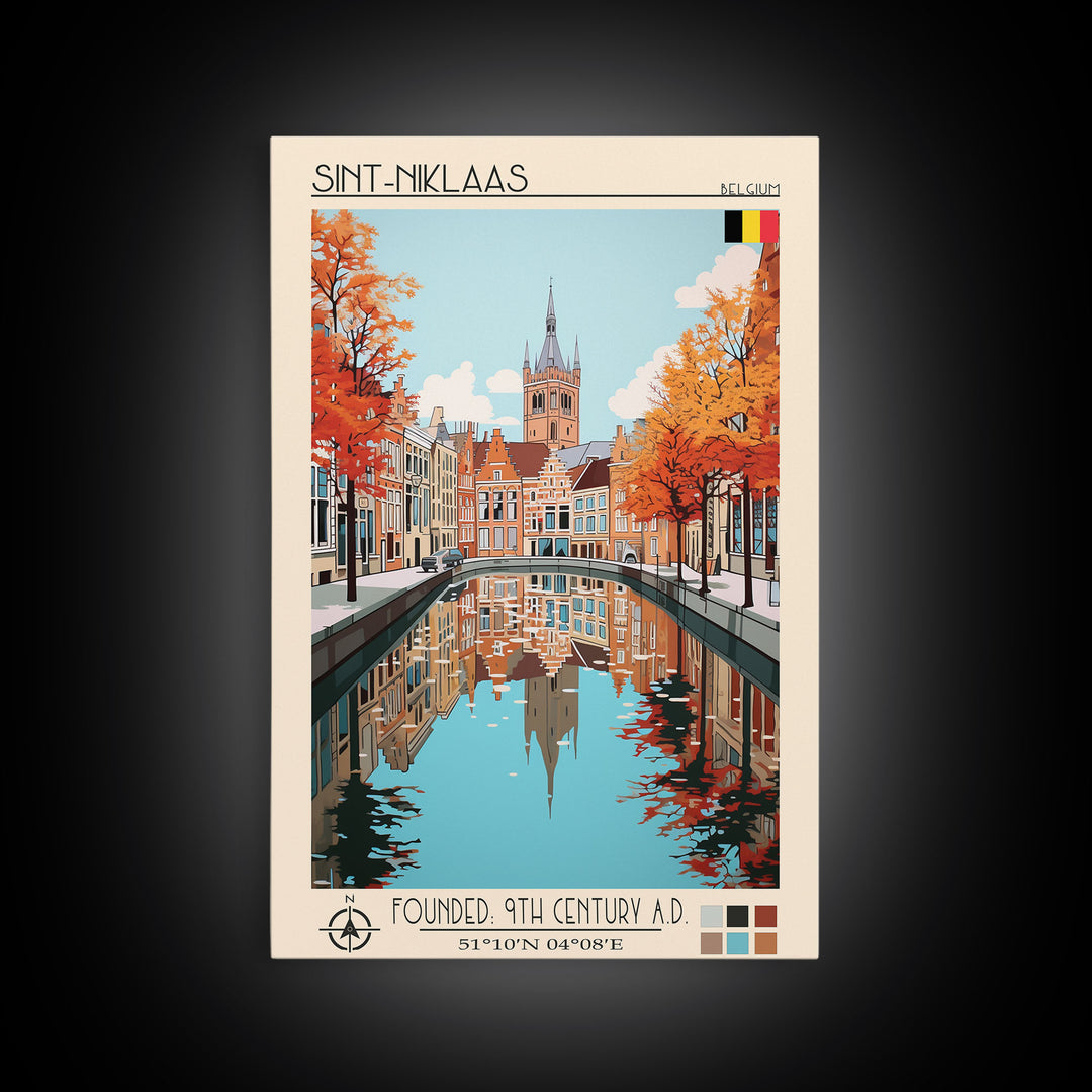 Sint-Niklaas Belgium Travel Poster Framed Canvas Print, Midcentury Modern Art, Pop Art Wall Decor, Scenic Wall Art, Bedroom Decoration