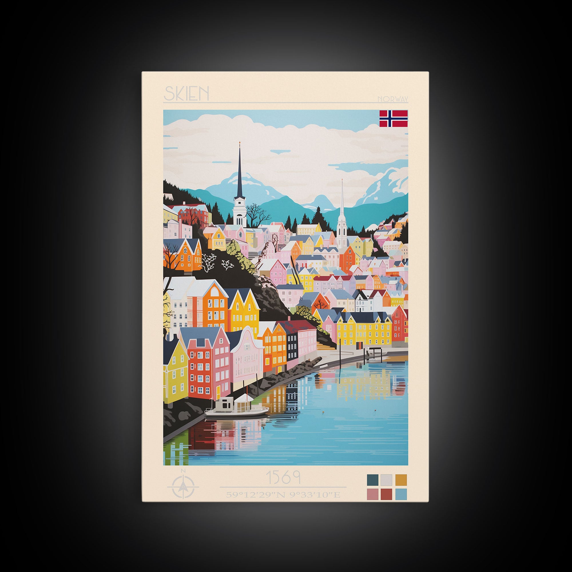 Skien Norway Travel Poster Framed Canvas Print, Midcentury Modern Art, Pop Art Wall Decor, Scenic Wall Art, Bedroom Art
