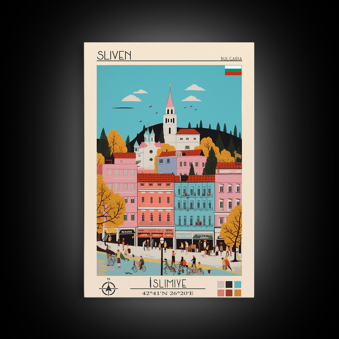 Sliven Bulgaria Travel Poster Framed Canvas Print, Midcentury Modern Art, Pop Art Wall Decor, Living Room Art, Vacation Gift